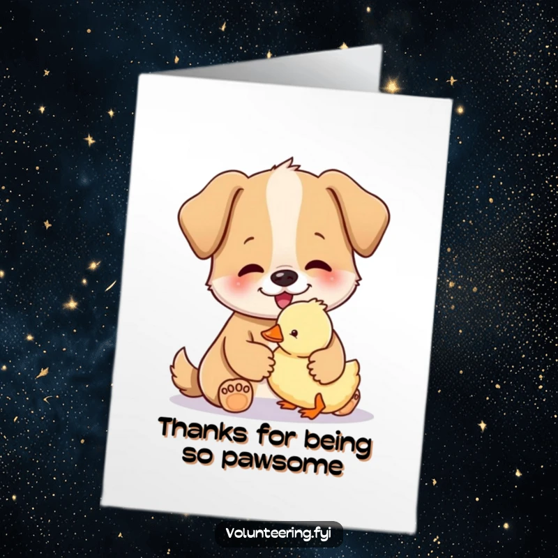 Adorable free printable thank you card with a happy dog gently petting a small, fluffy duckling, a symbol of sweet friendship.