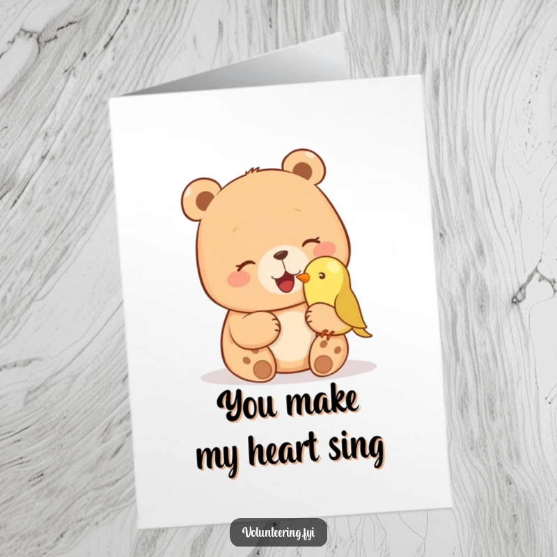 Funny free printable thank you card: giggling bear petting a small bird on its nose, a moment of pure joy.