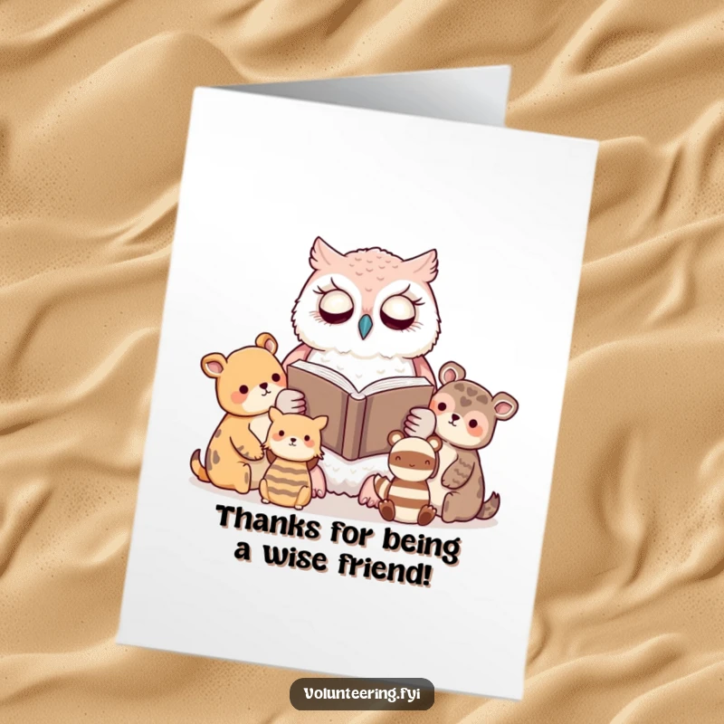 Funny Free Printable Thank You Card: A serene kawaii owl reading to animal friends, calmly expressing heartfelt thanks.