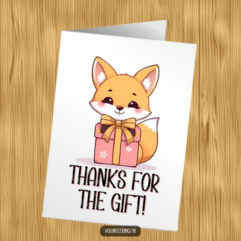 Funny Free Printable Thank You Card shows a smiling fox precisely tying a ribbon around a gift, symbolizing a special token of thanks.