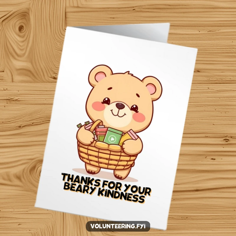 Funny Free Printable Thank You Card: A grinning bear carries a basket overflowing with donations. Kind DIY.