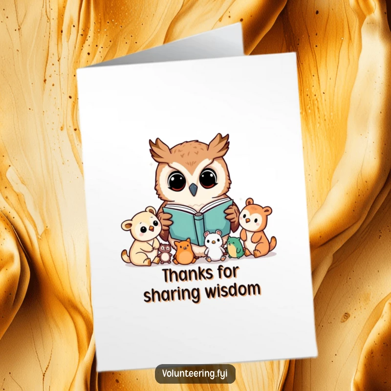 Funny Free Printable Thank You Card: Kawaii owl reading a book to young animals, a charming way to express thanks.