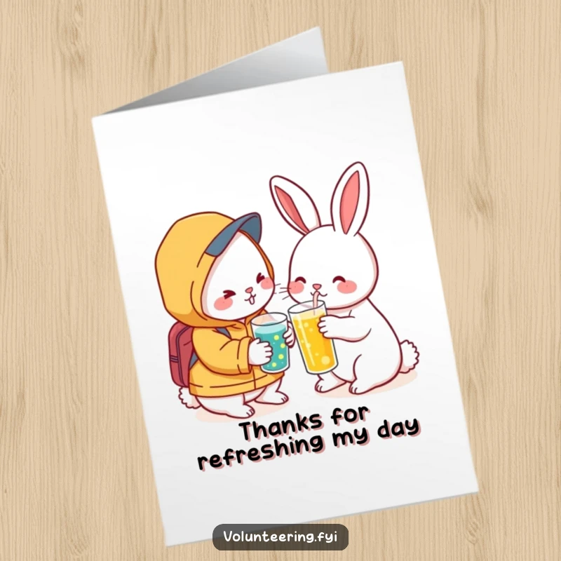 Free Printable Thank You Card: Kind Kawaii rabbit offering a cold drink to a friend, thanking them for their support.