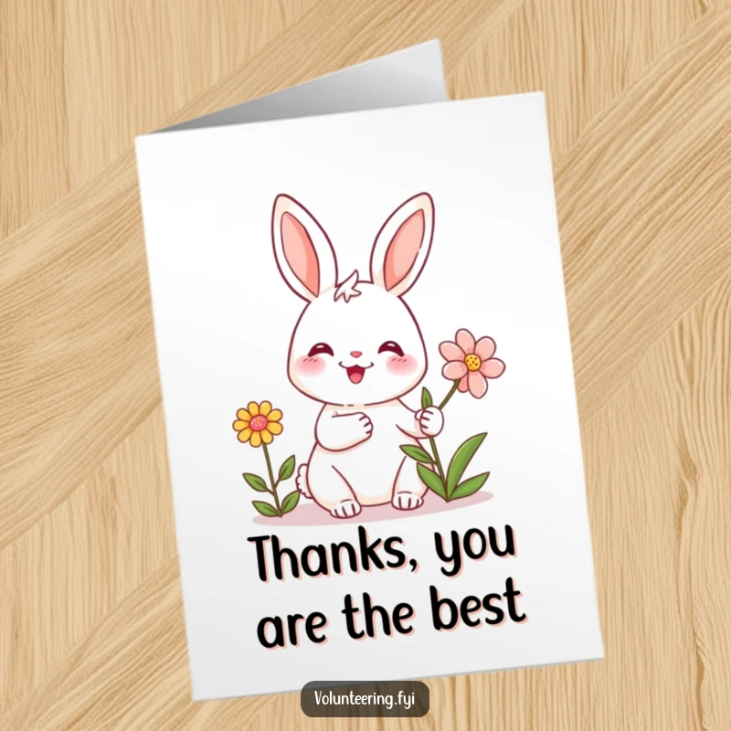 Funny Free Printable Thank You Card: A rabbit with a warm smile presents a flower in thanks.