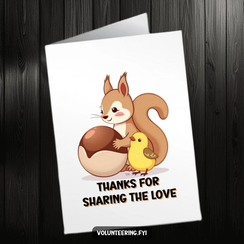 Funny free printable thank you card depicting a squirrel generously offering a nut to a happy bird.