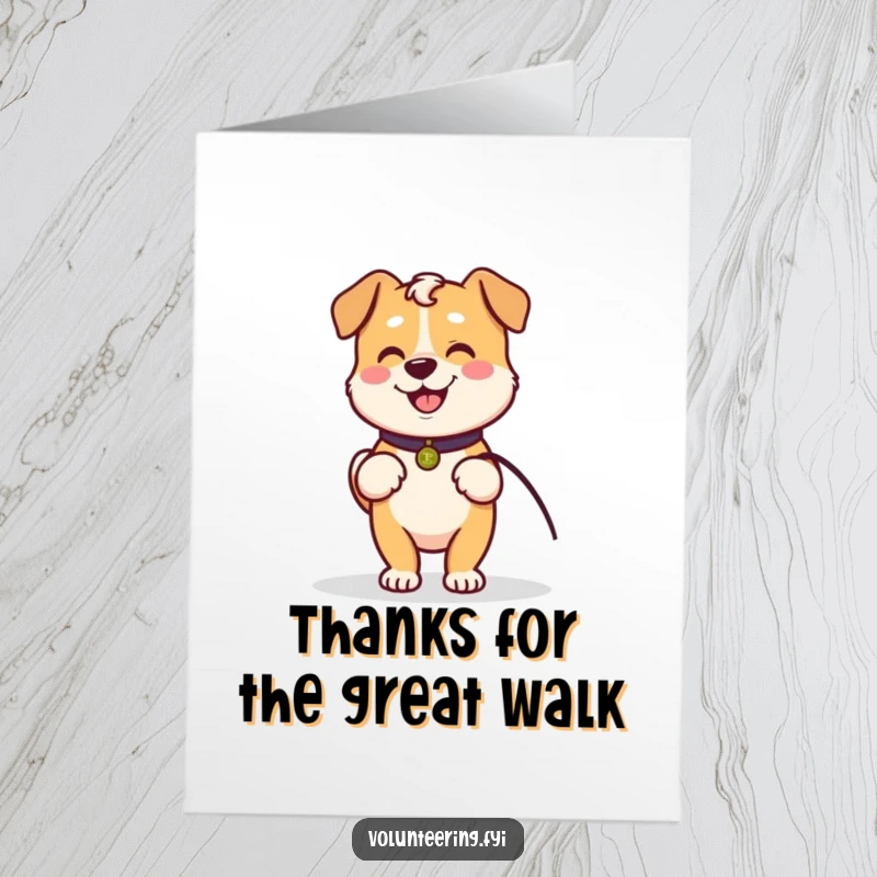 Funny Free Printable Thank You Card: Kawaii dog with leash, ready for a walk to express heartfelt thanks.