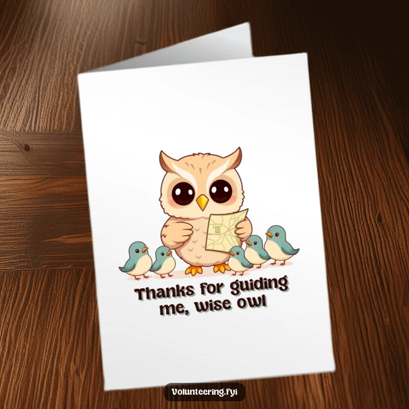Free Printable Thank You Card: A smiling owl points with a map, thanking smaller birds for their trust and guidance.
