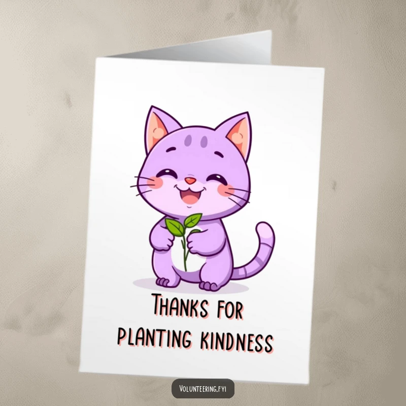 Funny Free Printable Thank You Card: A playful purple cat with a beaming smile hands a seedling to a happy visitor, expressing thanks.