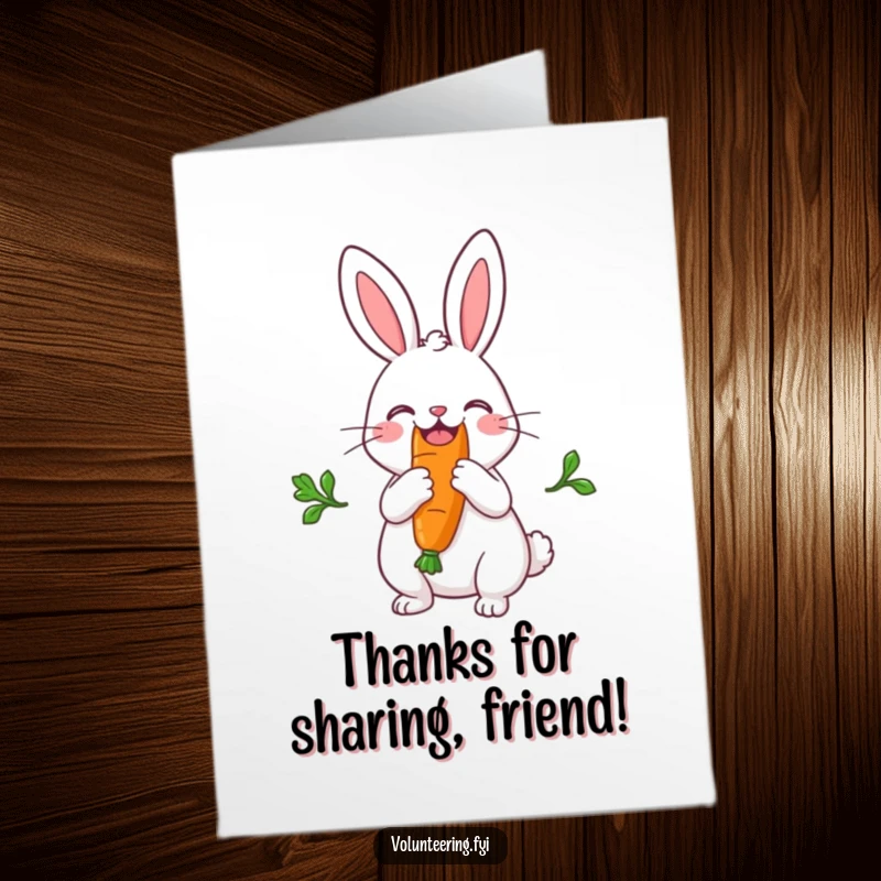 Funny Free Printable Thank You Card shows a joyful rabbit generously sharing a massive carrot, signifying a big thank you.
