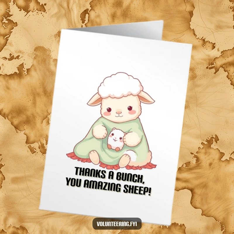 Free Printable Thank You Card: A gentle sheep snuggled under a bright blanket with a small friend, conveying heartfelt thanks.