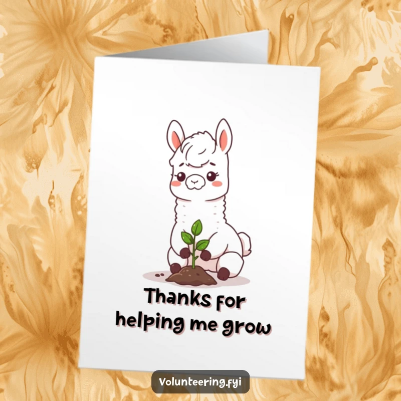 Funny Free Printable Thank You Card: A happy llama gently planting a small tree, expressing gratitude for growth and care.