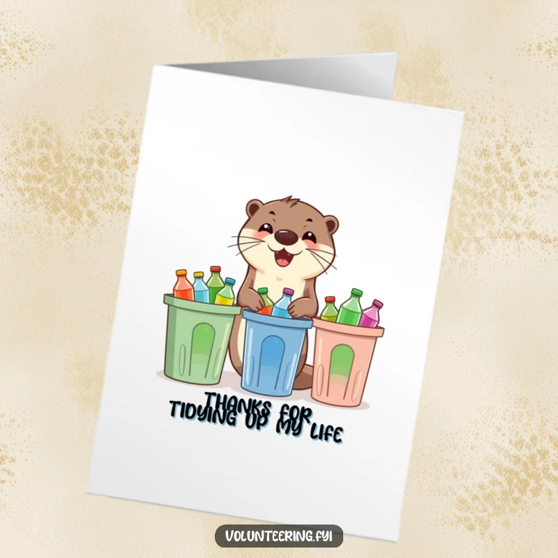 Funny Free Printable Thank You Card: Cheerful otter enthusiastically sorts colorful plastic bottles into recycling bins, thanking them for their efforts.