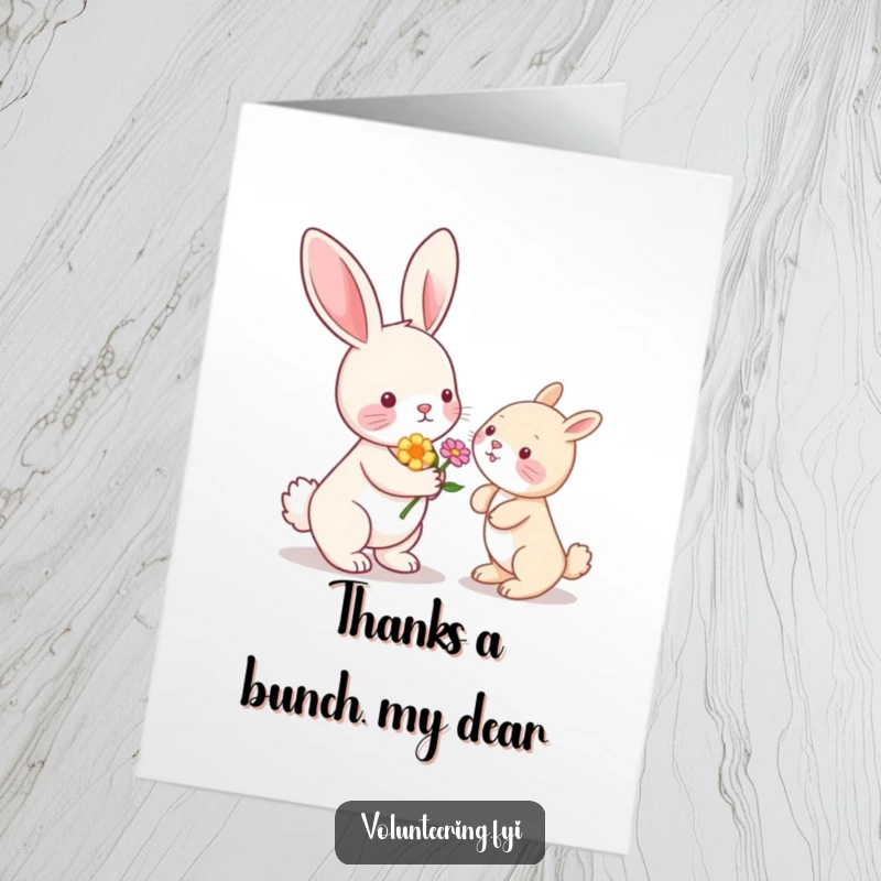 Funny Free Printable Thank You Card: Kawaii bunny rabbit presenting a flower, a cute way to say thanks, ready to print.