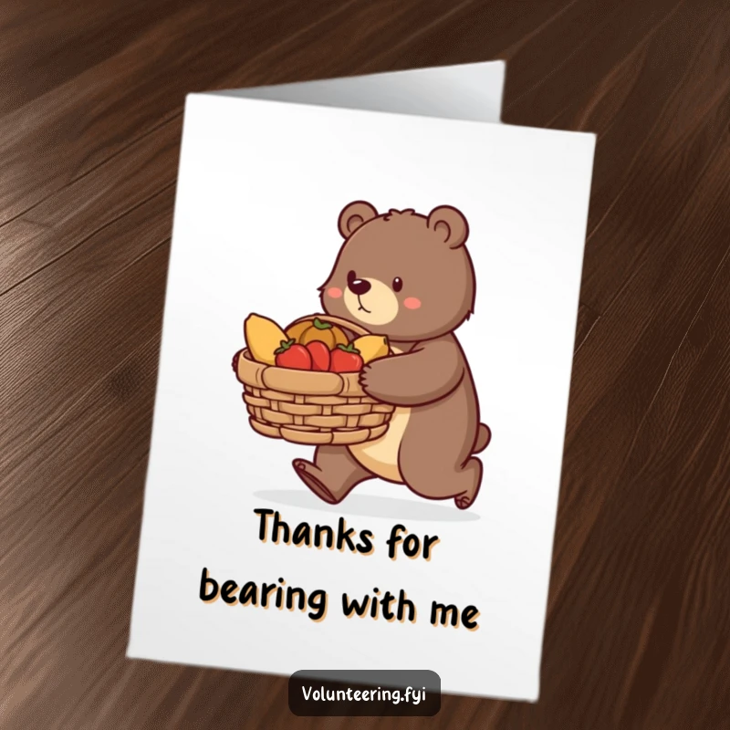 Funny Free Printable Thank You Card: Determined bear purposefully carrying a large basket of donated food, expressing heartfelt gratitude.