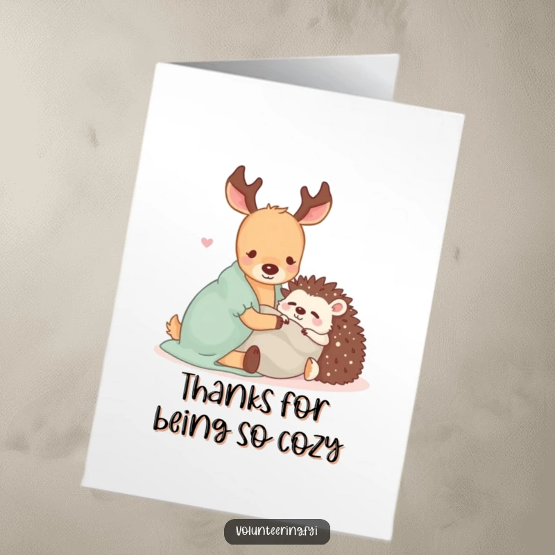 Funny Free Printable Thank You Card: Kind Kawaii deer and sleepy hedgehog sharing a blanket of thanks.