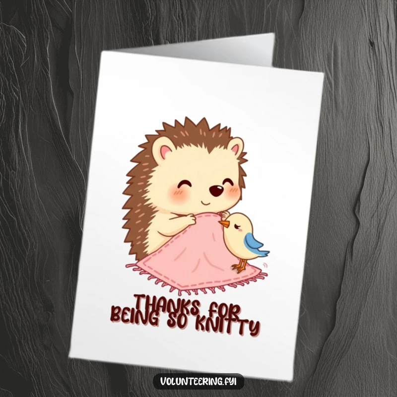 Funny Free Printable Thank You Card featuring a happy hedgehog stitching a small blanket for a bird, saying thanks.