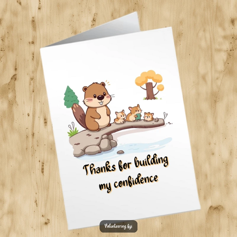 Funny Free Printable Thank You Card: A diligent beaver helping a group of smaller animals cross a makeshift bridge, showing gratitude.