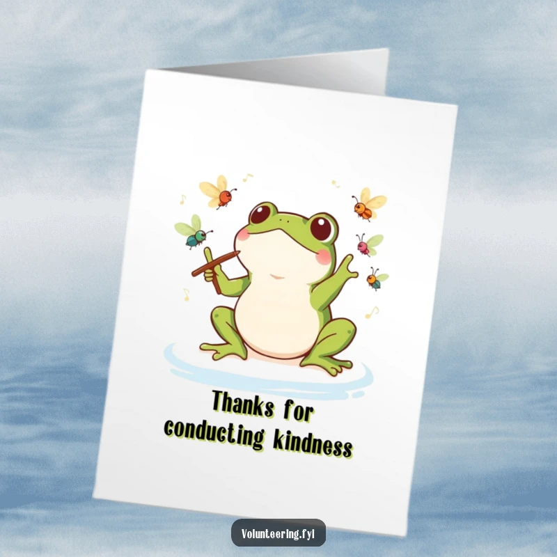 Free Printable Thank You Card: Joyful Kawaii frog conducting chirping insects, playing a thank you melody.