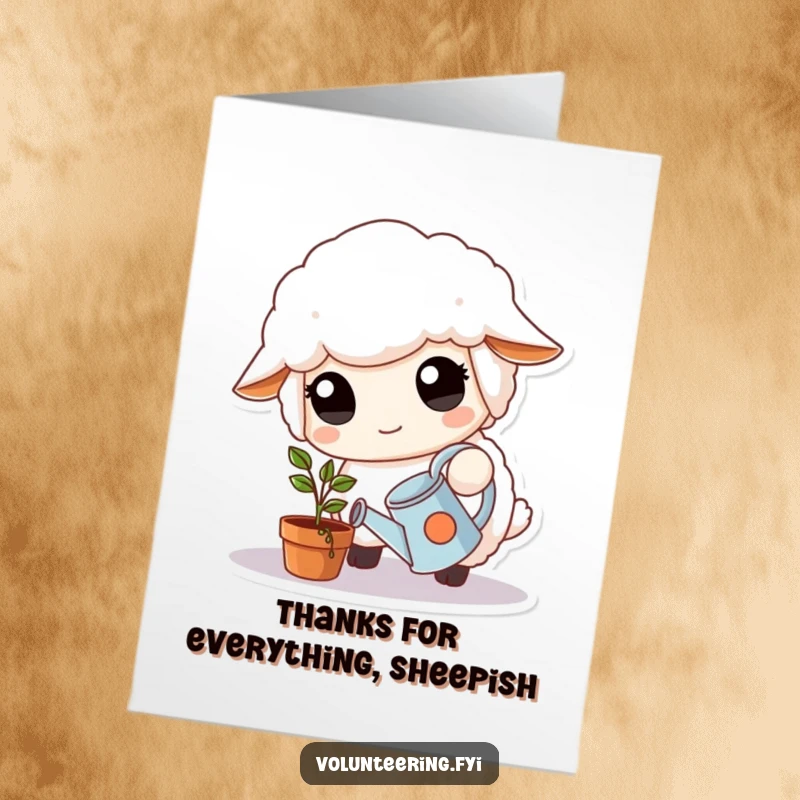 Free Printable Thank You Card featuring a fluffy white sheep with kind eyes watering a small potted plant.