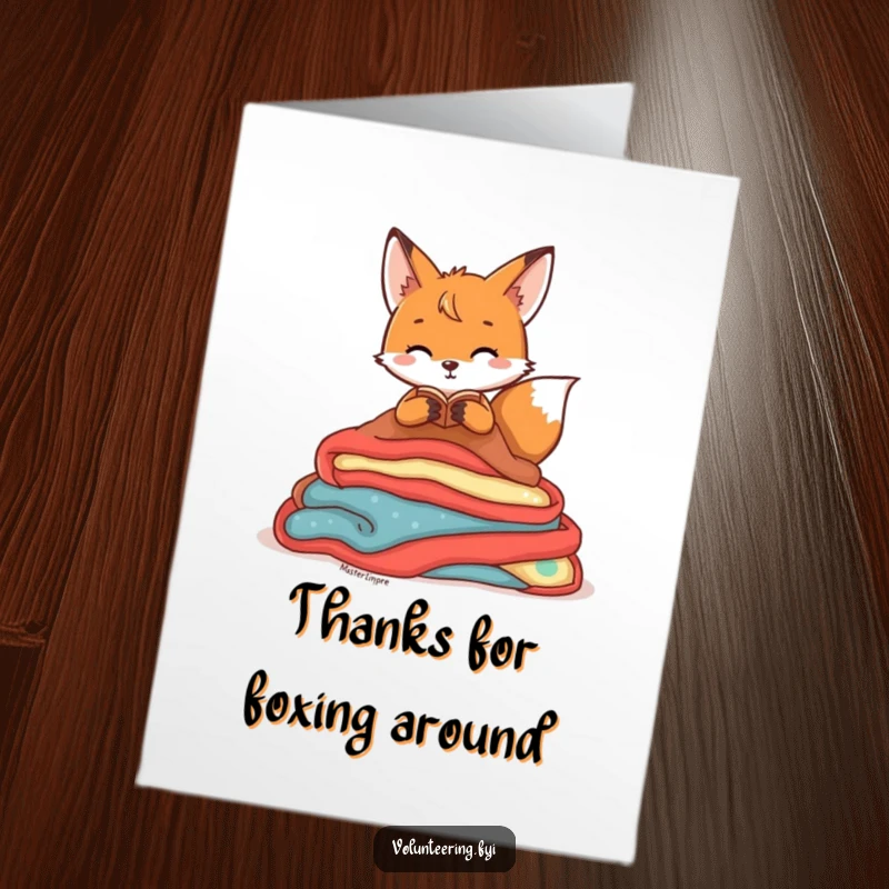 Funny Free Printable Fox Thank You Card: A playful fox tidies a pile of colorful blankets, conveying thanks with a smile.