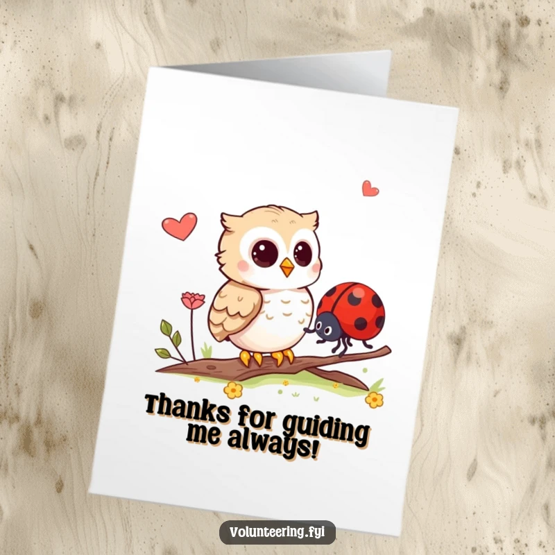 Funny Free Printable Thank You Card: A compassionate owl showing a lost ladybug the way home, conveying thanks for assistance.