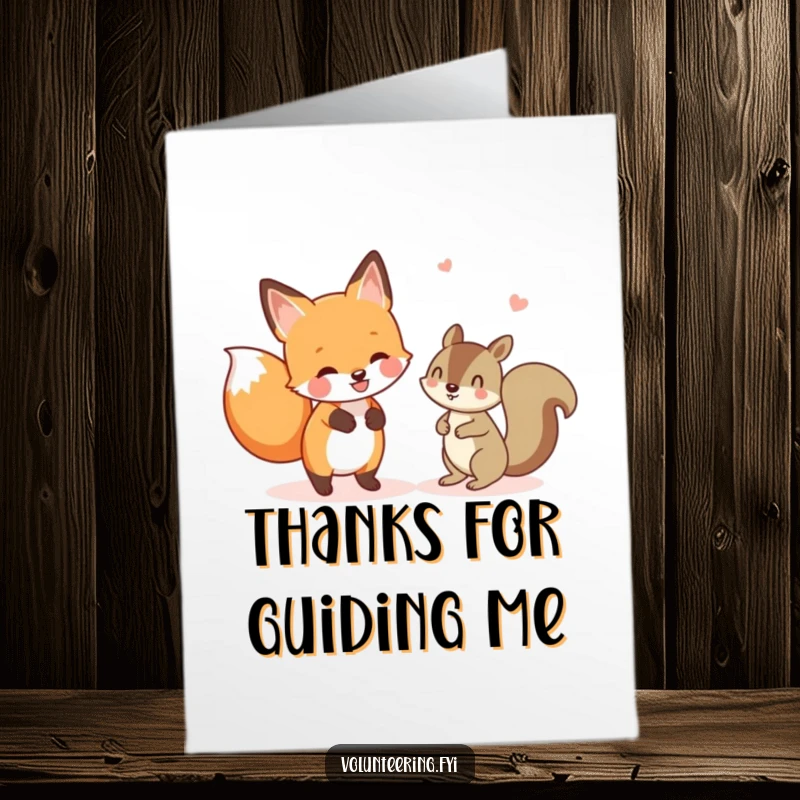 Funny free printable thank you card: cheerful fox helping a lost squirrel find its way, a gesture of kindness.