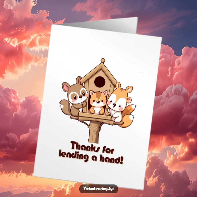 Funny Free Printable Thank You Card: Adorable animal friends working together on a birdhouse, conveying a heartfelt thank you with a smile.