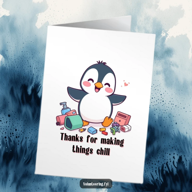 Funny Free Printable Thank You Card: A playful penguin tidies scattered items with a cheerful flurry, expressing thanks.