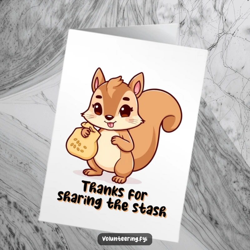 Funny Free Printable Squirrel Thank You Card: A determined squirrel character carrying a bag of seeds offers sincere thanks.