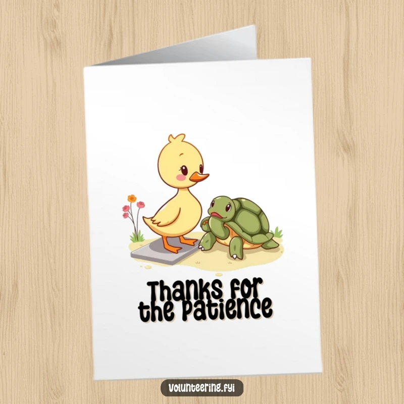 Funny Free Printable Thank You Card: A kawaii duckling gently guides an elderly turtle, representing helpfulness and deep gratitude.