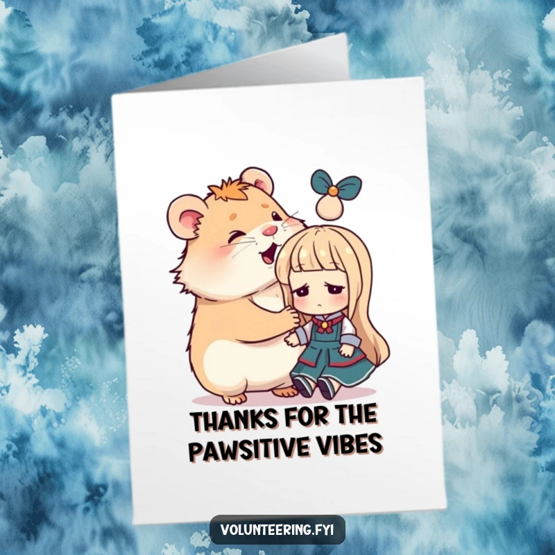 Funny Free Printable Thank You Card: A happy hamster comforting a sad doll with a gentle pat, sweet expression of thanks.