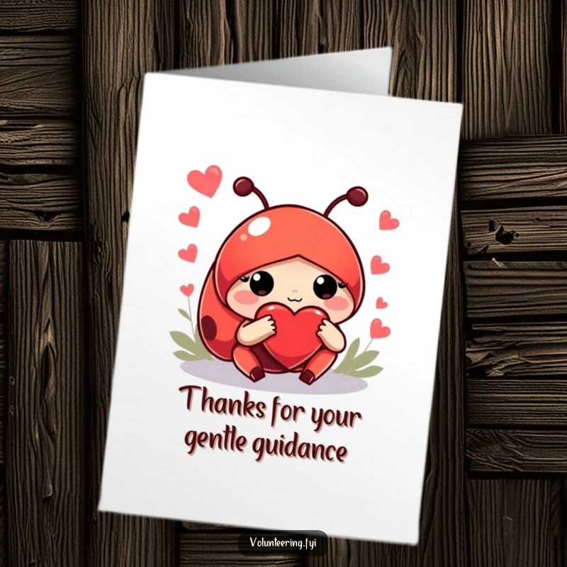 Funny Free Printable Thank You Card: A red ladybug with a large heart guides lost newcomers with a gentle paw, expressing thanks.