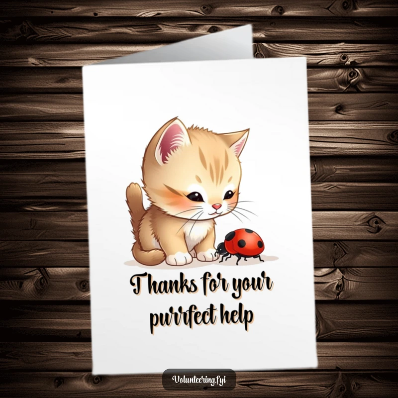 Funny Free Printable Thank You Card: A curious kitten kindly assists a lost ladybug, showing thoughtful gratitude.