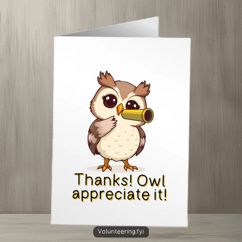 Funny Free Printable Thank You Card: Curious owl with telescope, looking for ways to say thanks, a downloadable gift.