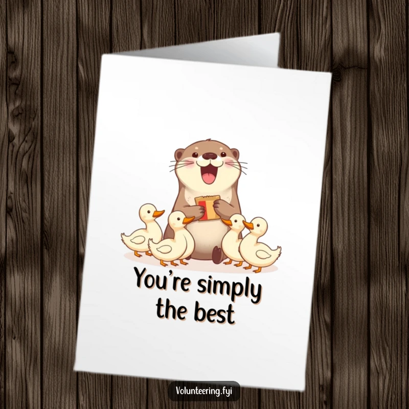 Funny free printable thank you card: delighted otter shares snacks with ducks, a sweet moment of generosity.