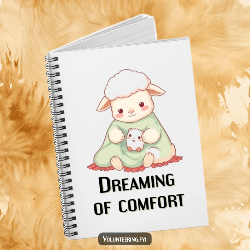 Funny notebook with a cover showing a gentle sheep and a small creature sharing a bright, cozy blanket, ideal for notes and stories.