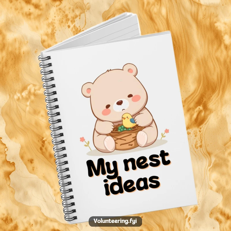 Funny notebook cover with a large bear helping a tiny bird build a nest, perfect for jotting down sweet ideas.