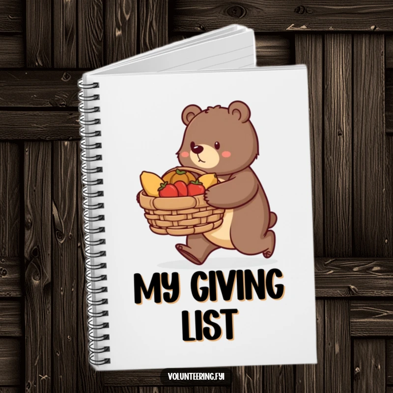 Funny bear notebook, a determined bear carrying a large basket of donated food, ideal for journaling acts of kindness and planning donations.