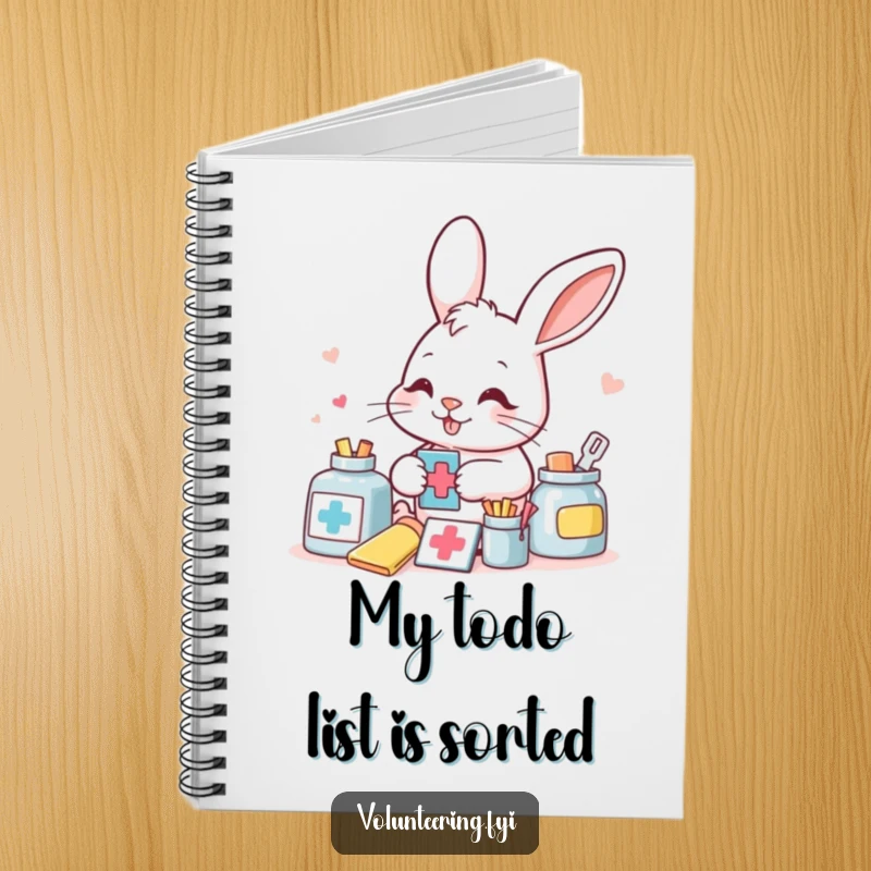 Funny smiling bunny meticulously sorting colorful aid supplies on a notebook, for humorous and organized note-taking.