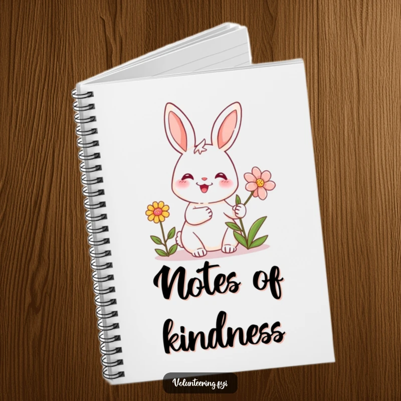 Funny notebook with a friendly rabbit smiling and offering a flower, great for notes and journaling with a heartwarming theme.
