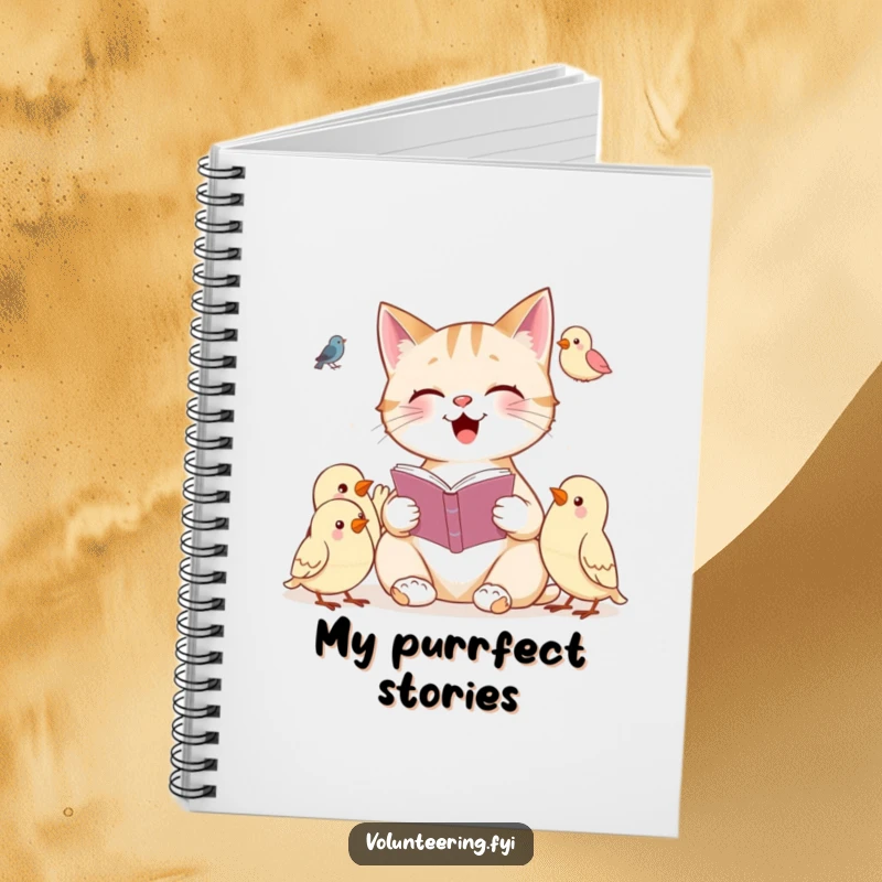 Funny notebook with a cheerful cat reading to attentive birds, designed for creative writing and note-taking.
