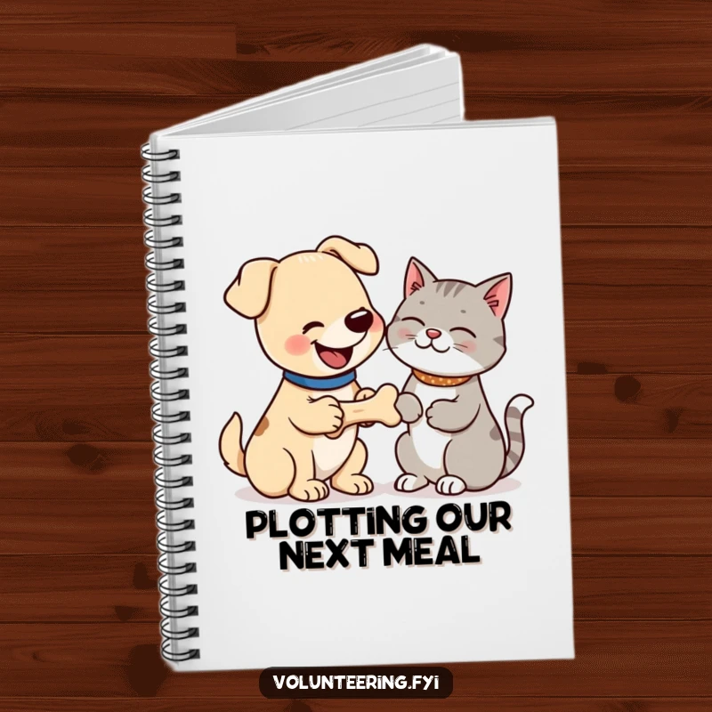 Funny notebook with a happy dog offering a bone to a grateful cat, designed for pet lovers to write and sketch with humor. Ideal funny gift.