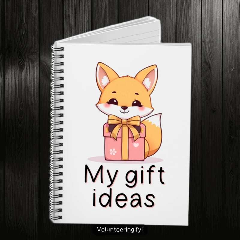 Funny notebook cover with a smiling fox tying a ribbon around a gift box, perfect for planning and notes.