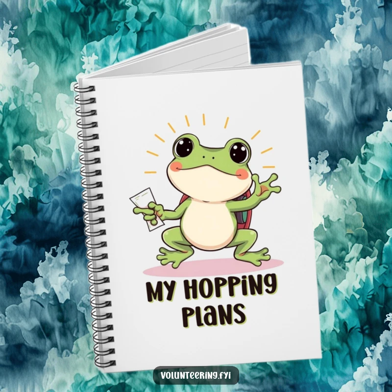 Funny frog notebook, a jumping frog with a backpack handing out flyers, a humorous and practical stationery gift.