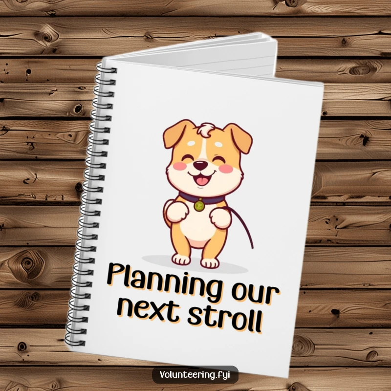 Funny notebook with a Kawaii dog holding a leash, ready to walk with an elder, ideal for jotting down notes and ideas.