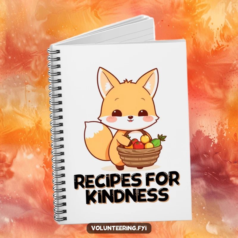 Funny Kawaii fox carrying a basket of food to share, cute notebook for givers, journal.