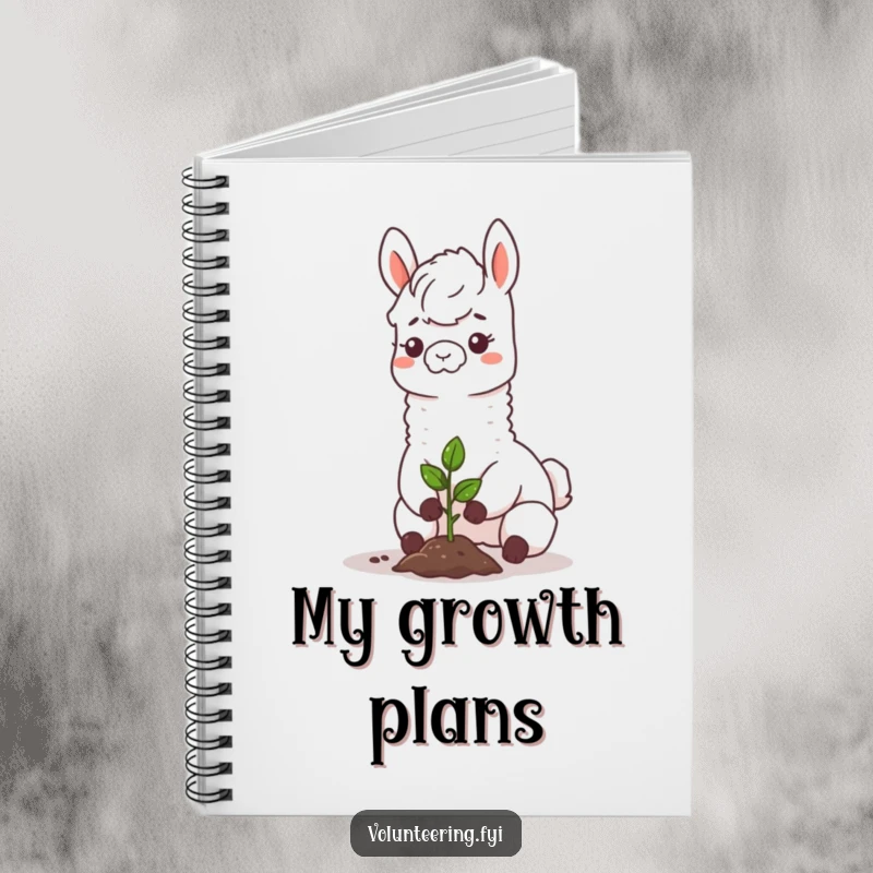 Funny llama notebook, a happy llama planting a sapling, ideal for writing, drawing, and nurturing creative seeds with a smile.