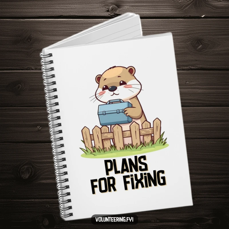 Funny notebook with a helpful otter passing a toolbox, ideal for jotting down project plans.