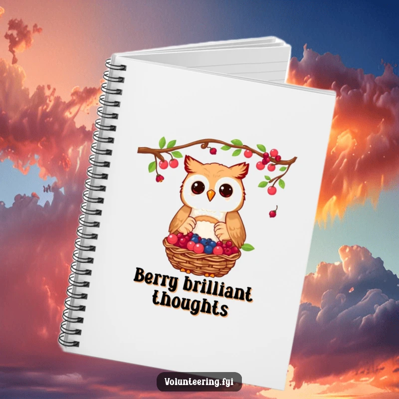 Funny owl notebook featuring a proud owl donating a basket of collected berries, perfect for recording thoughtful ideas.