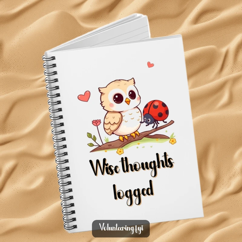 Funny notebook cover with an owl guiding a ladybug, inspiring kindness and creativity for note-taking.